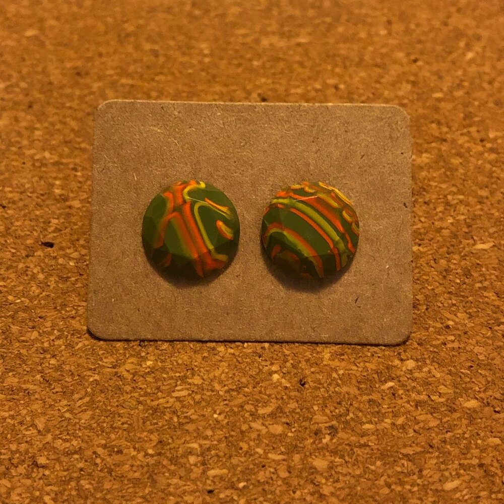 Handmade Faceted Marble-Style Stone Earrings- Olive, Orange & Yellow- Steel Stud